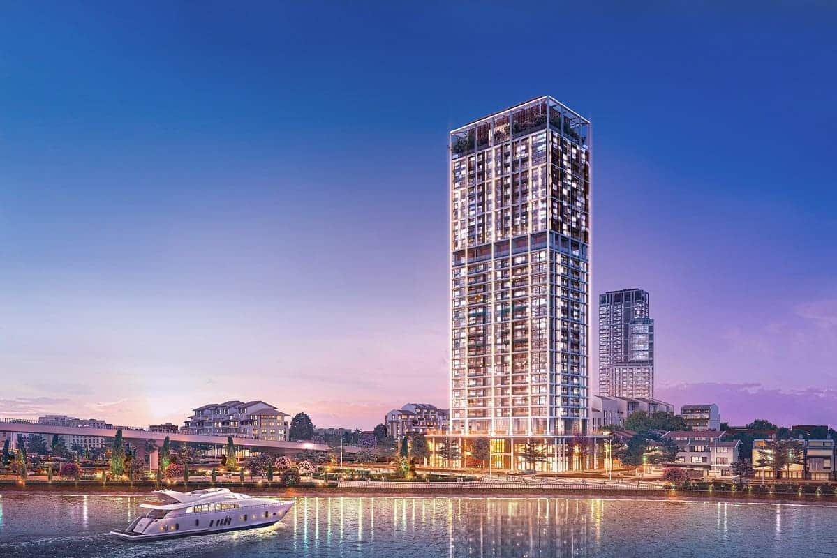 Phối cảnh minh họa tổ hợp Sun Cosmo Residence Da Nang nằm kề sông Hàn.