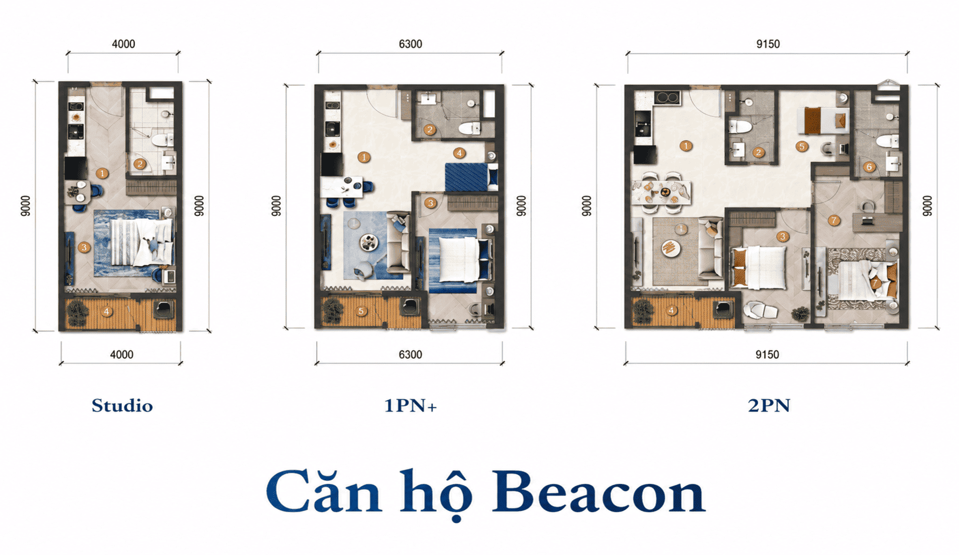 Layout tòa Beacon tối ưu với các căn Studio, 1PN và 2PN thiết kế thông minh, đón trọn ánh sáng tự nhiên và mở ra không gian sống thượng lưu.