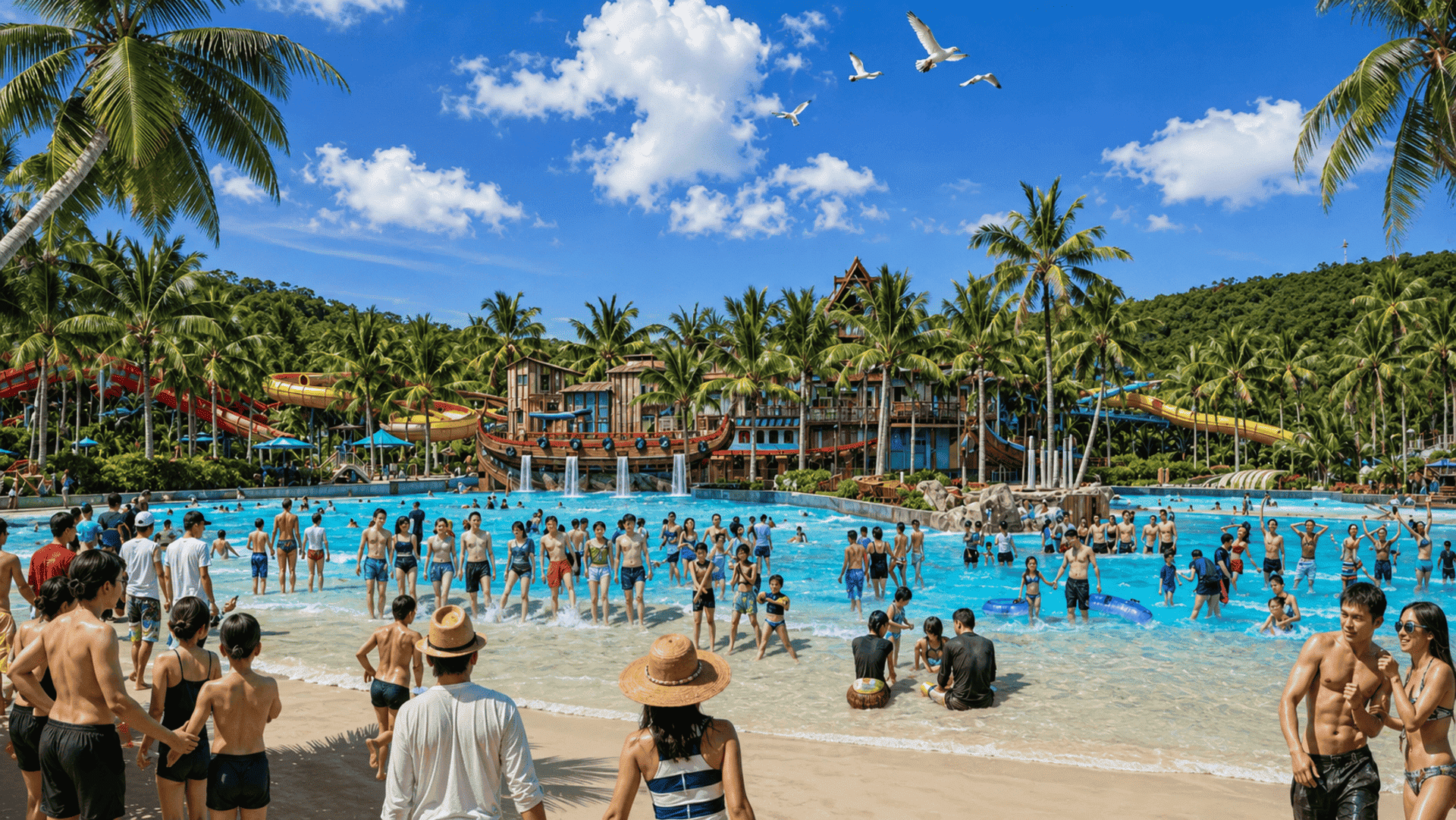 công viên nước biểu tượng hoành tráng tại Sun Group Vũng Tàu sở hữu những trò chơi cảm giác mạnh đẳng cấp, trở thành tâm điểm vui chơi giải trí bùng nổ thu hút hàng triệu khách du lịch. Bể tạo sóng dành riêng cho trẻ em với thiết kế thuyền đánh cá, nơi gia đình tận hưởng khoảnh khắc hạnh phúc
