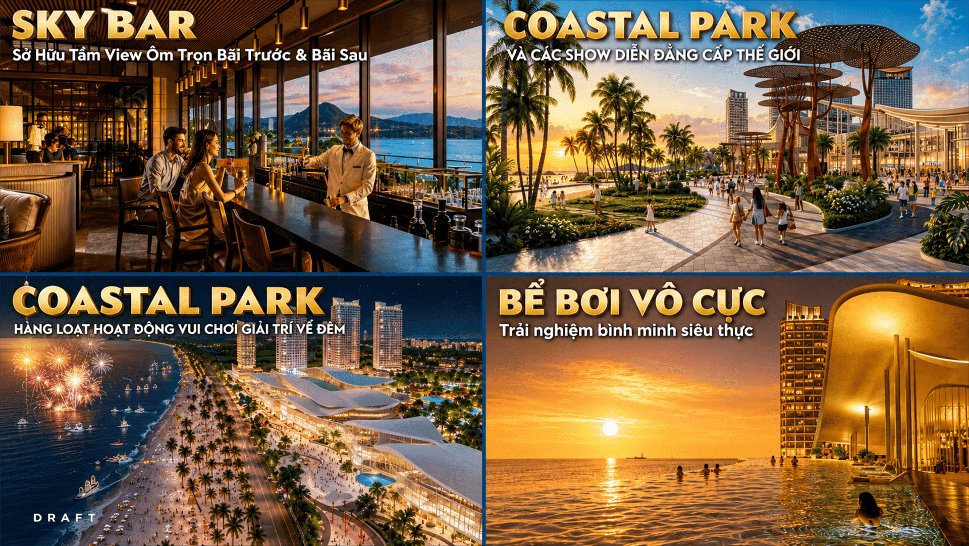 Hệ thống công viên và Sky Bar, bể bơi vô cực thời thượng tại Sun Group Vũng Tàu mang lại trải nghiệm thư giãn đẳng cấp đỉnh cao, nơi cư dân vừa ngâm mình vừa ngắm trọn cảnh quan đại dương mênh mông, hùng vĩ. Tiện ích nội khu đặc quyên cho cư dân tinh hoa