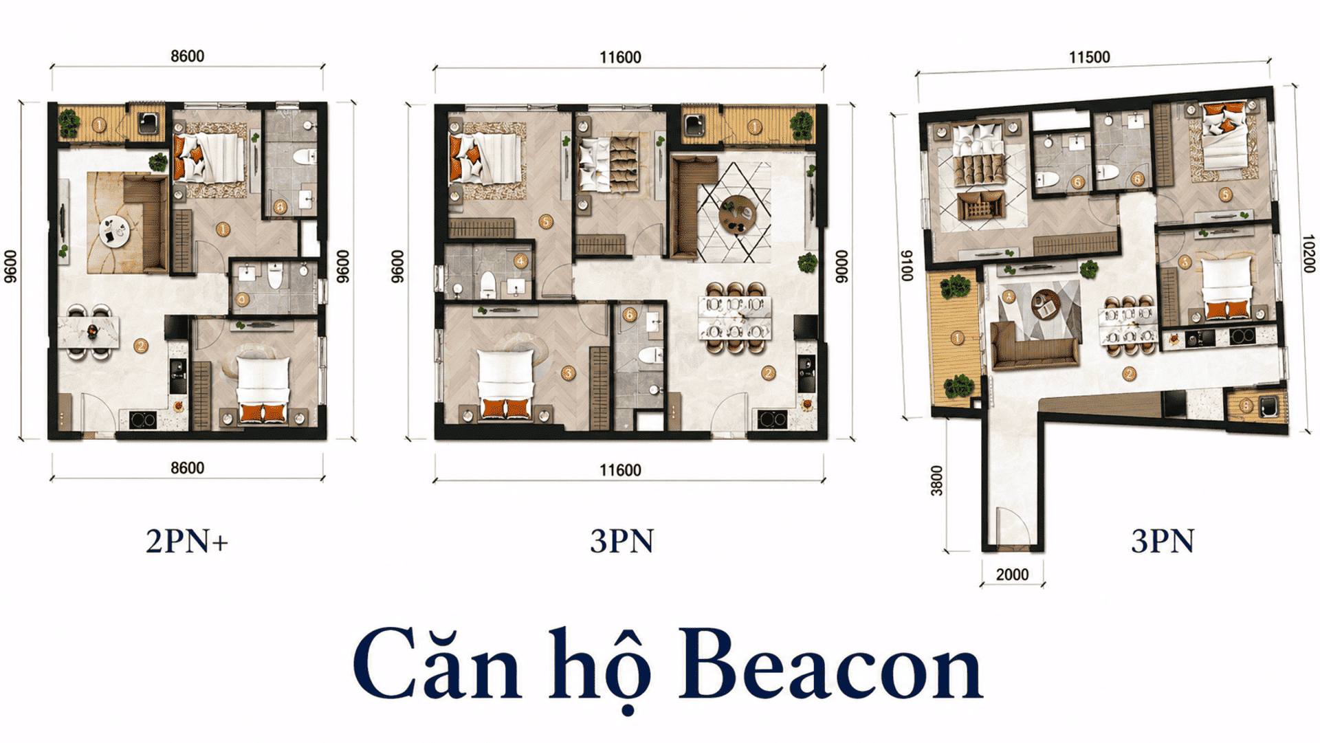 Layout tòa Beacon căn 2PN+ và 3PN xa hoa sở hữu thiết kế đẳng cấp, không gian rộng mở đón trọn tầm nhìn đại dương và khẳng định vị thế chủ nhân.