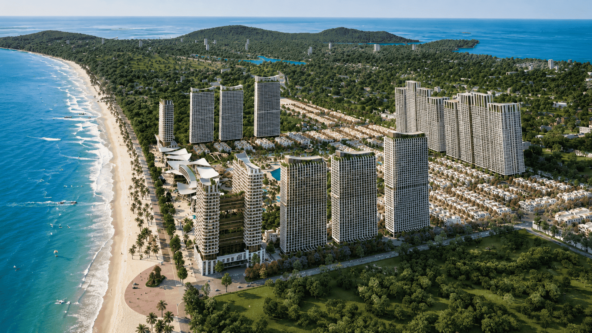 Phối cảnh tổng thể siêu dự án Sun Group Vũng Tàu quy mô hơn 90ha tọa lạc đắc địa ngay mặt tiền đại lộ ba tháng hai. Đặc quyền bãi biển riêng tư kéo dài gần 1km: Dự án sở hữu bãi biển riêng tư tuyệt mỹ dài hơn 850m – 900m dọc bờ biển Chí Linh . Bãi biển được quy hoạch bài bản với bãi cát trắng mịn, làn nước trong xanh, trang bị sẵn các chòi lá mát mẻ, khu vực dạo bộ ngắm hoàng hôn và bãi cát nhân tạo phục vụ các hoạt động thể thao bãi biển cho cư dân.