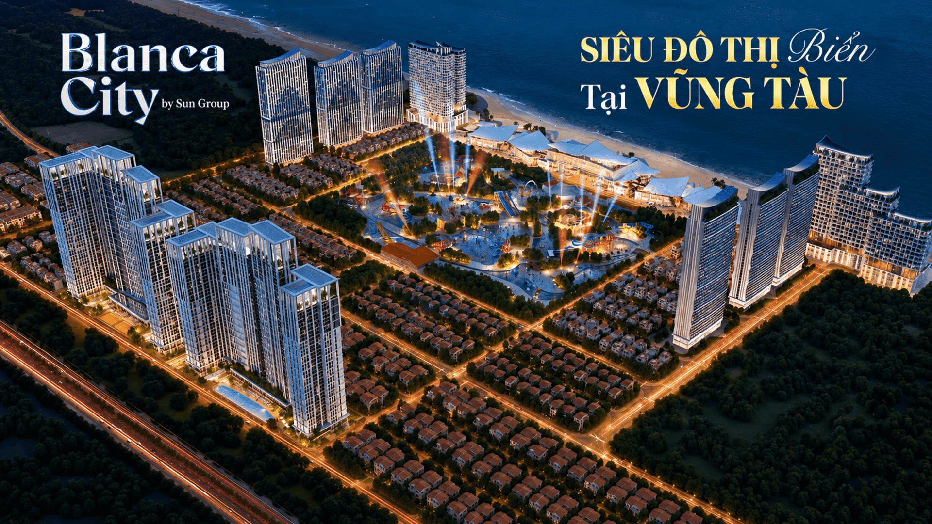 Toàn cảnh phối cảnh tổng thể siêu dự án Sun Group Vũng Tàu với quy mô hoành tráng, kiến tạo một biểu tượng đô thị nghỉ dưỡng biển đẳng cấp và hiện đại bậc nhất ngay tại trung tâm thành phố.