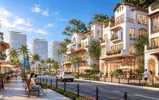 Phối cảnh tuyến nhà phố thương mại shophouse Sun Group Vũng Tàu quy tụ hàng loạt thương hiệu quốc tế, hứa hẹn trở thành tâm điểm mua sắm, giải trí và ẩm thực sầm uất đêm ngày tại thành phố biển