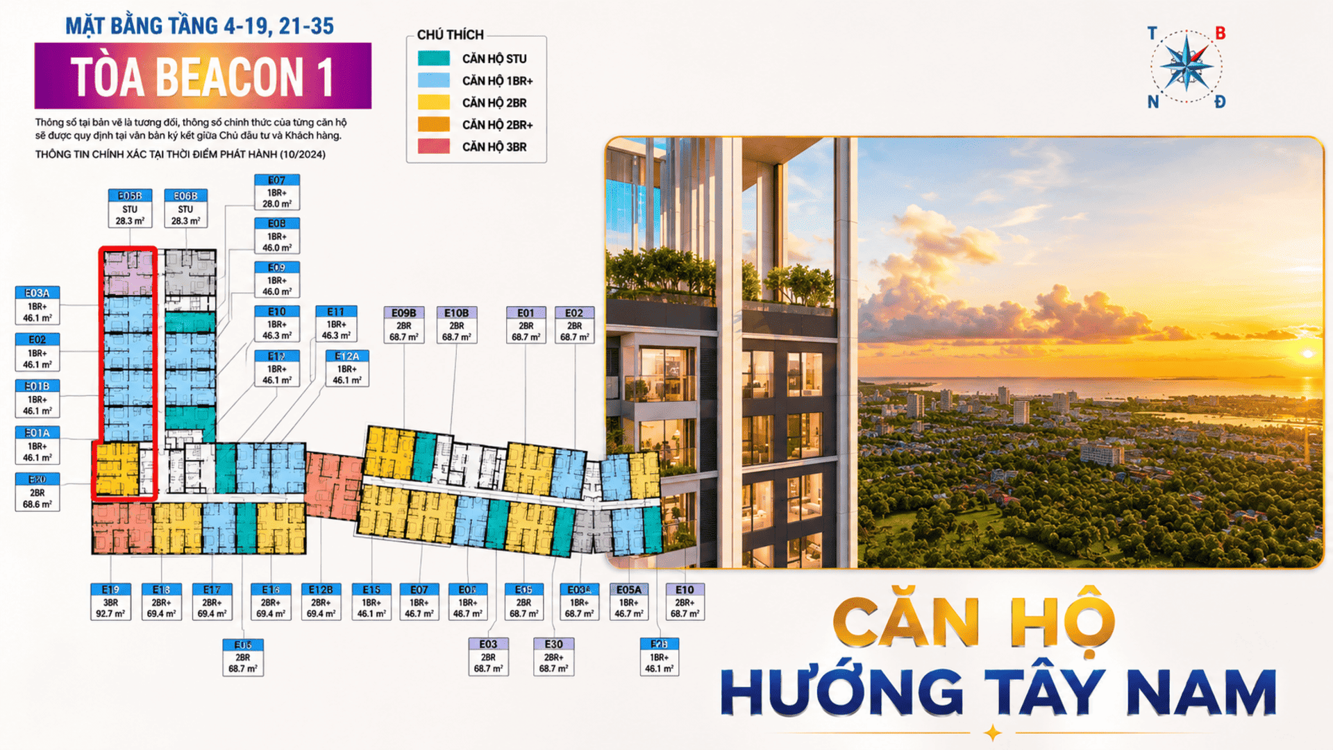Căn hộ tòa Beacon hướng Tây Nam đón trọn khung cảnh hoàng hôn biển lãng mạn, mang lại không gian thư giãn tuyệt đối và vượng khí cho gia chủ.